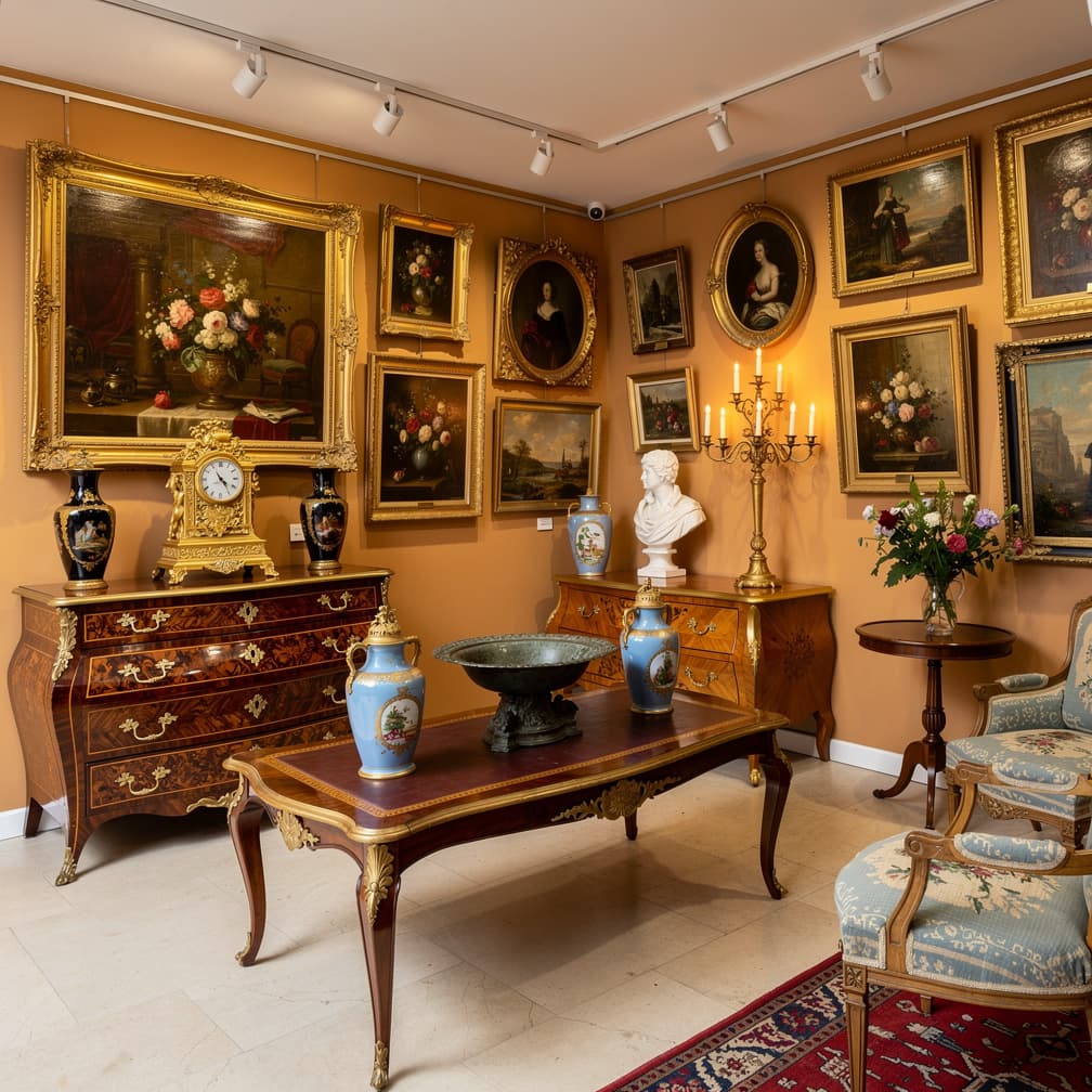 Intérieur d'antiquaire - mobilier, tableaux et objets d'art